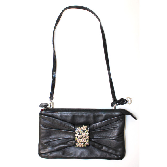 BRIGHTON Clutch Mini Purse Bag Wristlet Black Leather Floral Adorned BOW - Picture 2 of 8